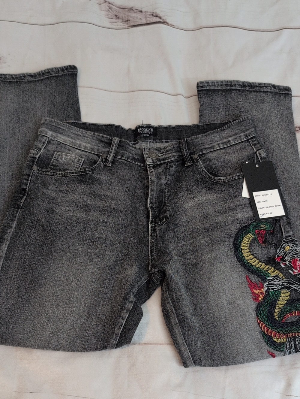 Brooklyn Laundry Jeans 30x30 Tiger Snake Embroidered Dark Gray NWT Streetwear